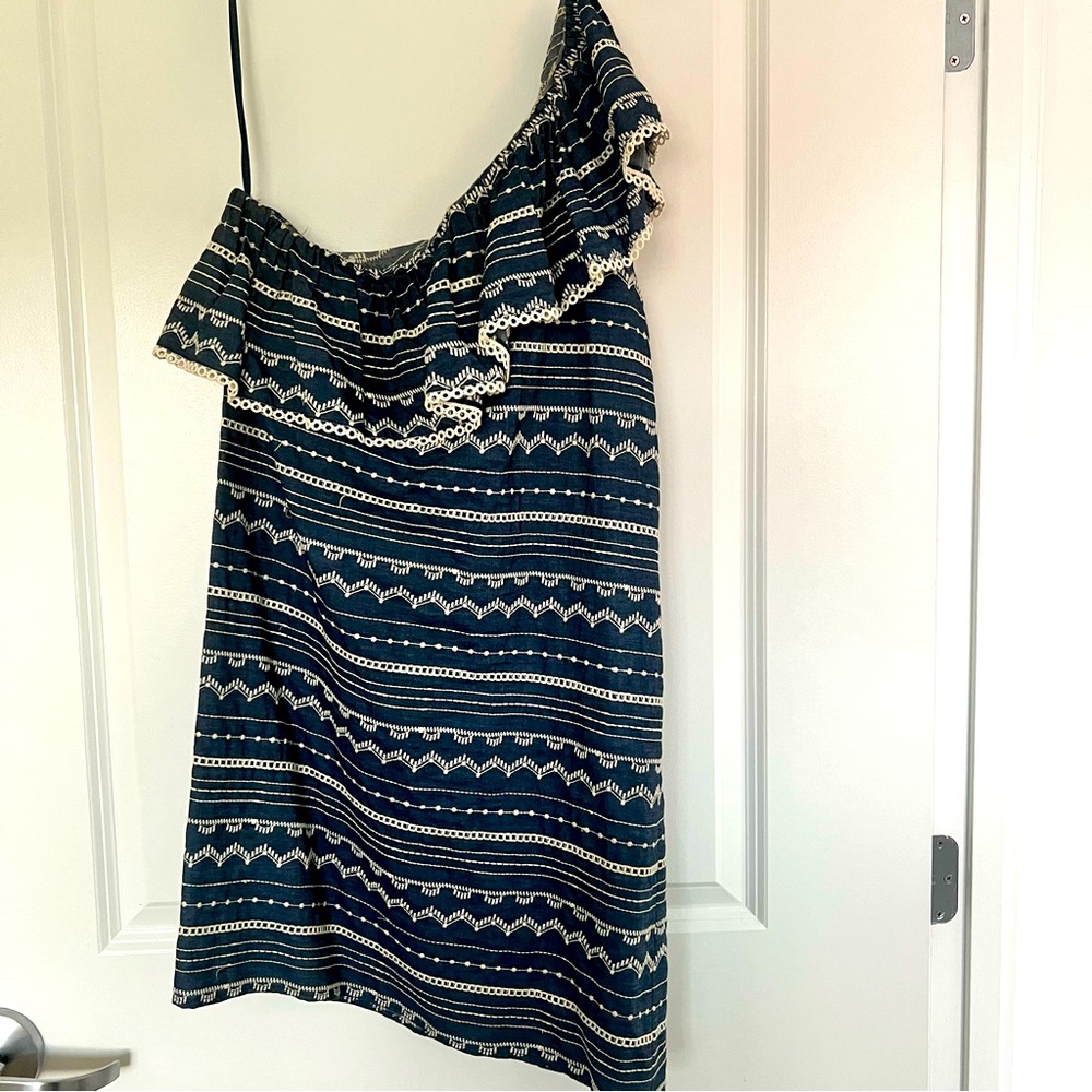 Parker one shoulder dress in embroidered denim
